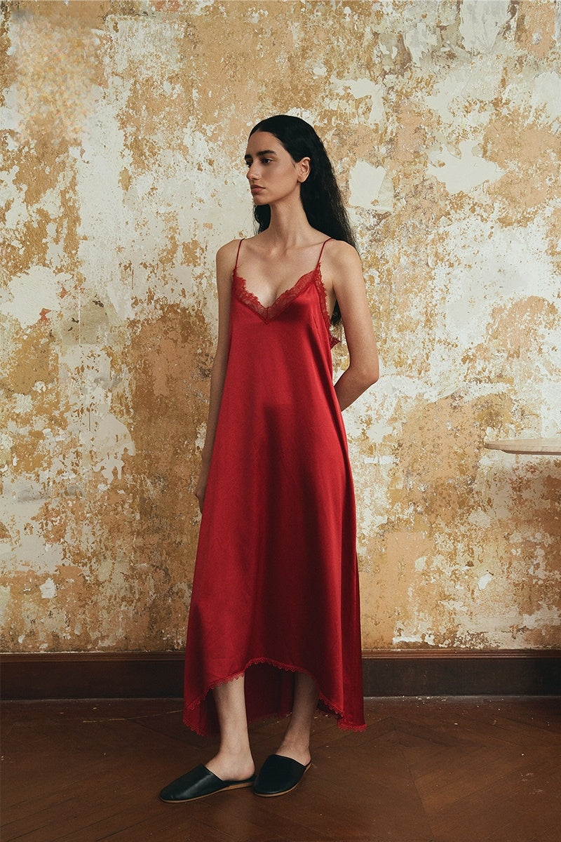 Crimson Silk Velvet Loungewear Set – Slip Dress & Robe L