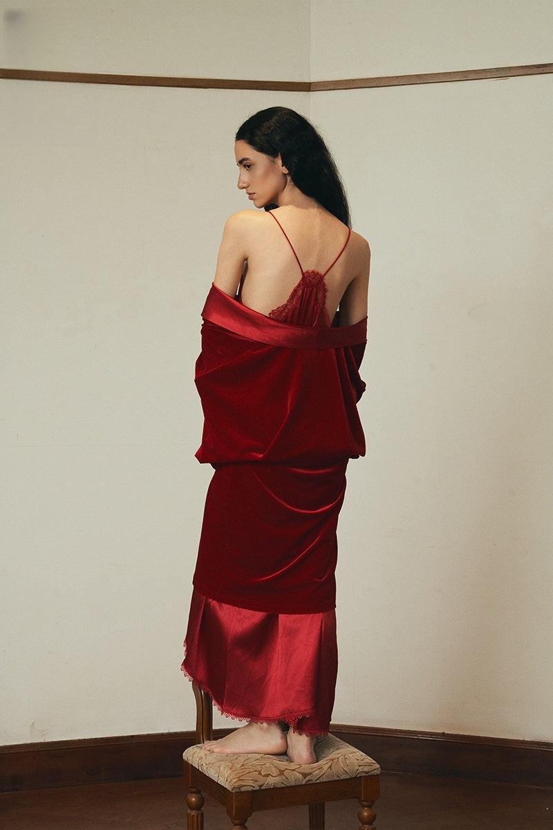 fitted lace wedding dress Crimson Silk Velvet Loungewear Set – Slip Dress & Robe L