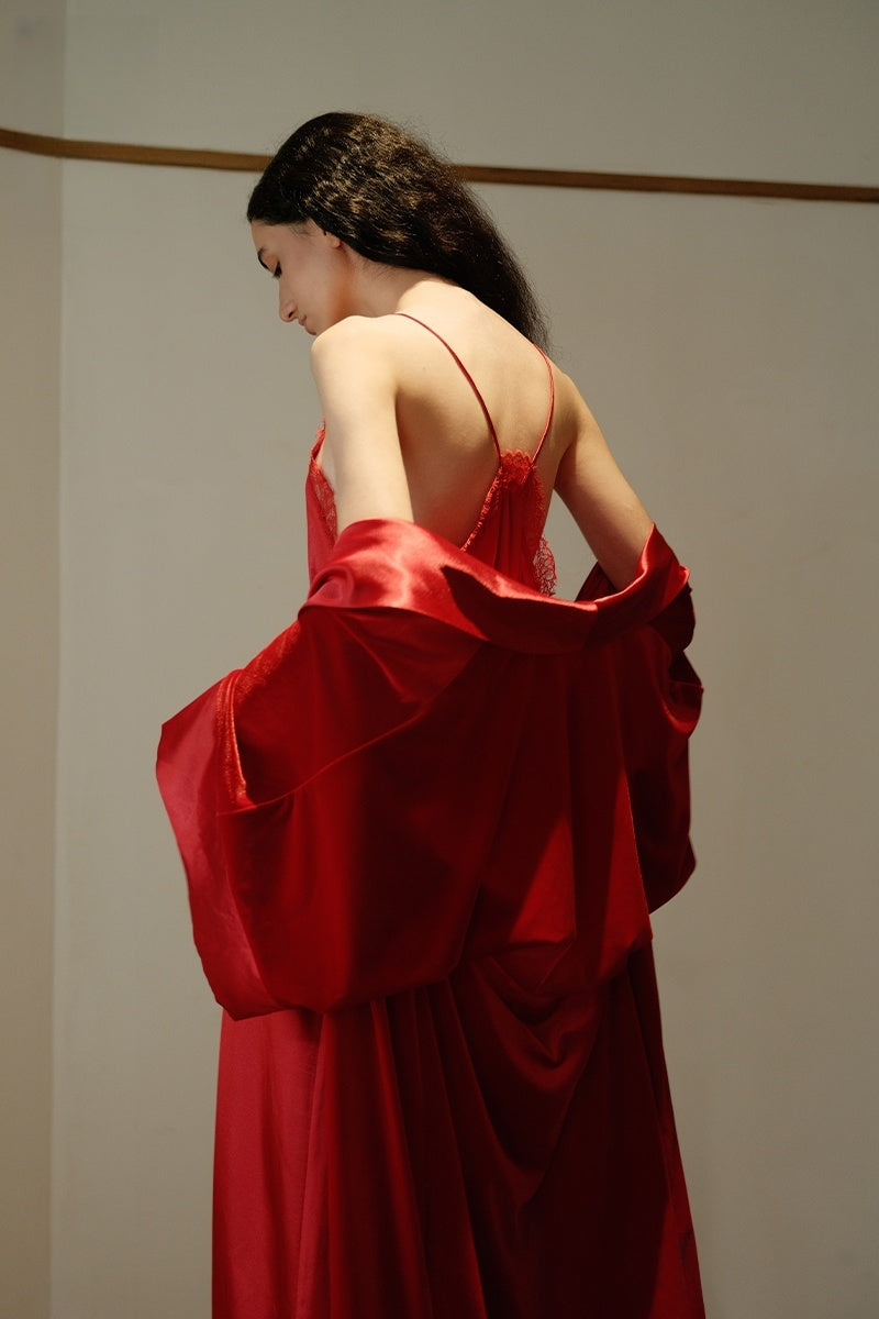 silk velvet dress Crimson Silk Velvet Loungewear Set – Slip Dress & Robe L