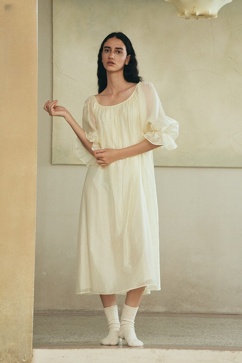 whisper long sleeve dress Silk Whisper Puff-Sleeve Dress